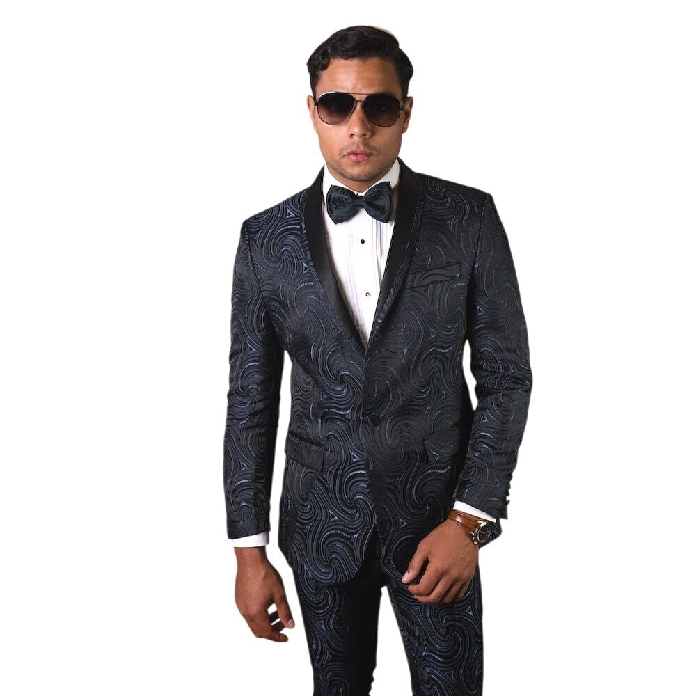 Statement Italy Tailored Fit Navy Swirl 2 Piece Tuxedo Sz 50L 40x31 NWOT